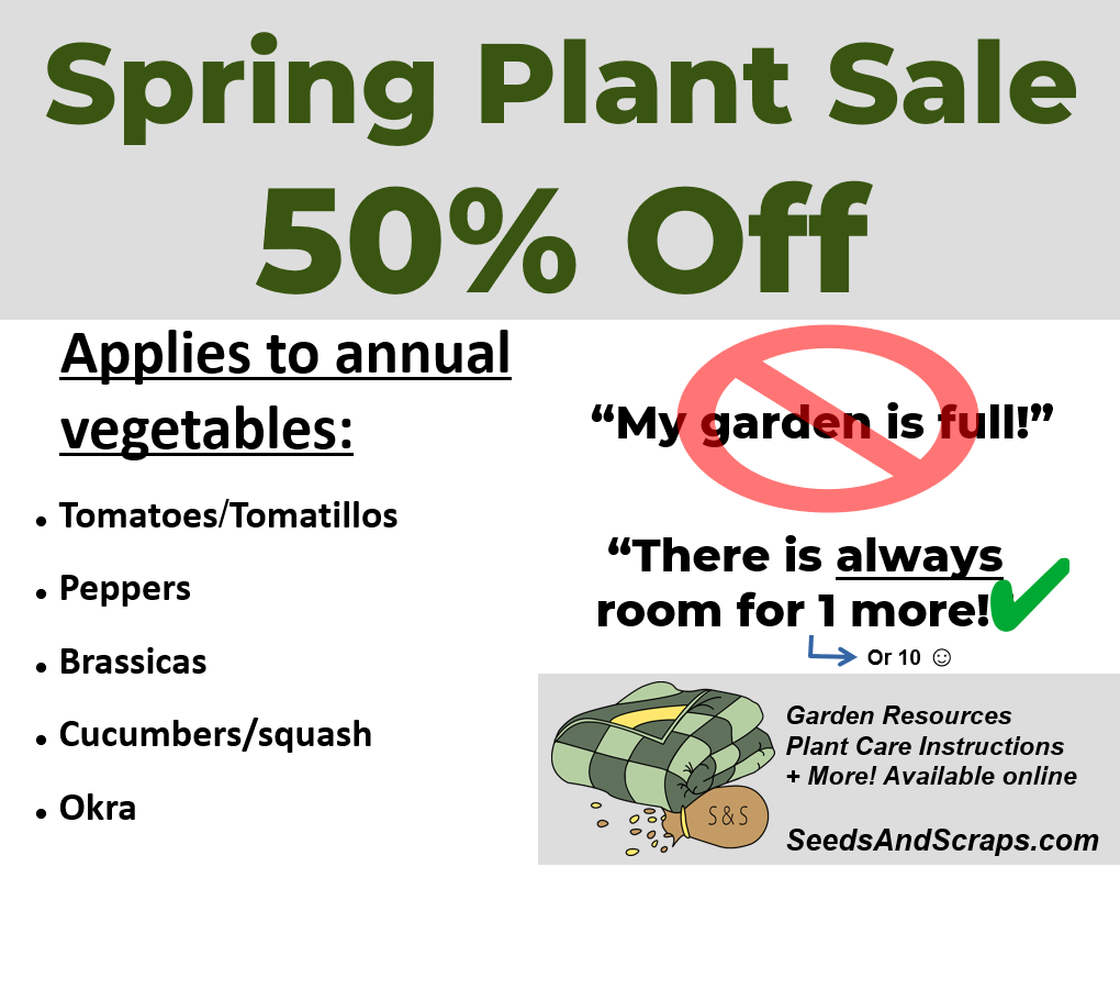 image reads Spring plant sale. 50% off annual vegetables applies to tomatoes/tomatillos, peppers, celery, brassicas, melons/squash, salad. There is always room for 1 more!(or ten) Garden resources, Plant Care Instructions, and more Available online seedsandscraps.com 